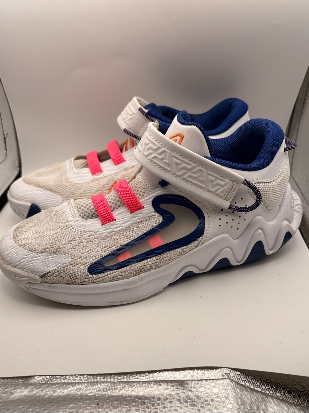 Nike Kids White Sneakers with Navy Lining and Pink Accents